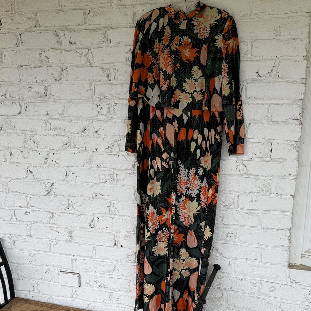 Vintage 1960s Floral Long Sleeve Maxi Dress - Black & Orange medium
